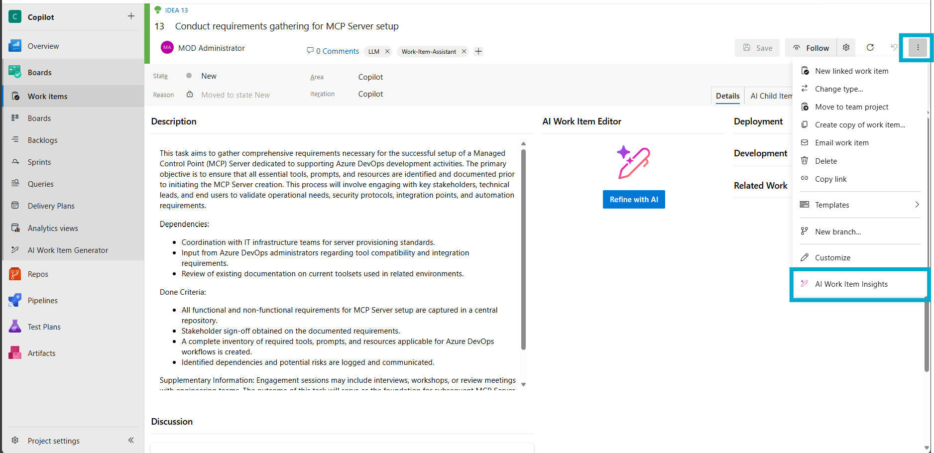 AI Work Item Insights menu
