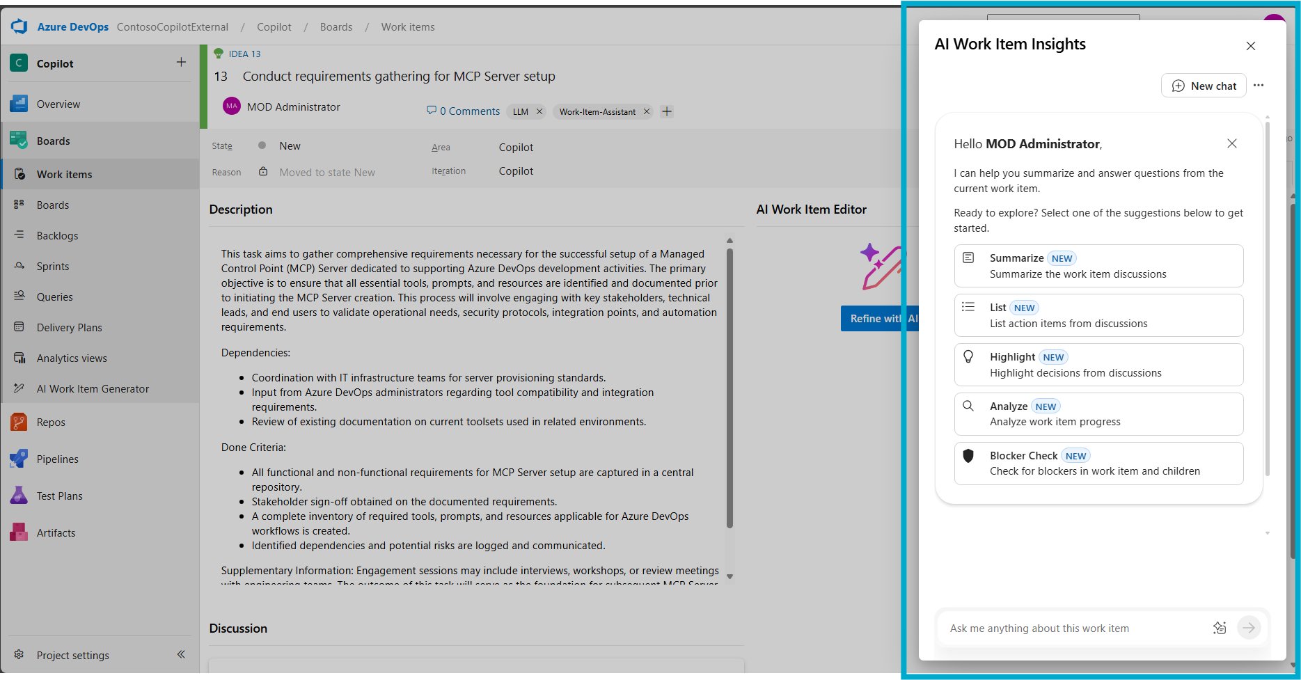 AI Work Item Insights panel